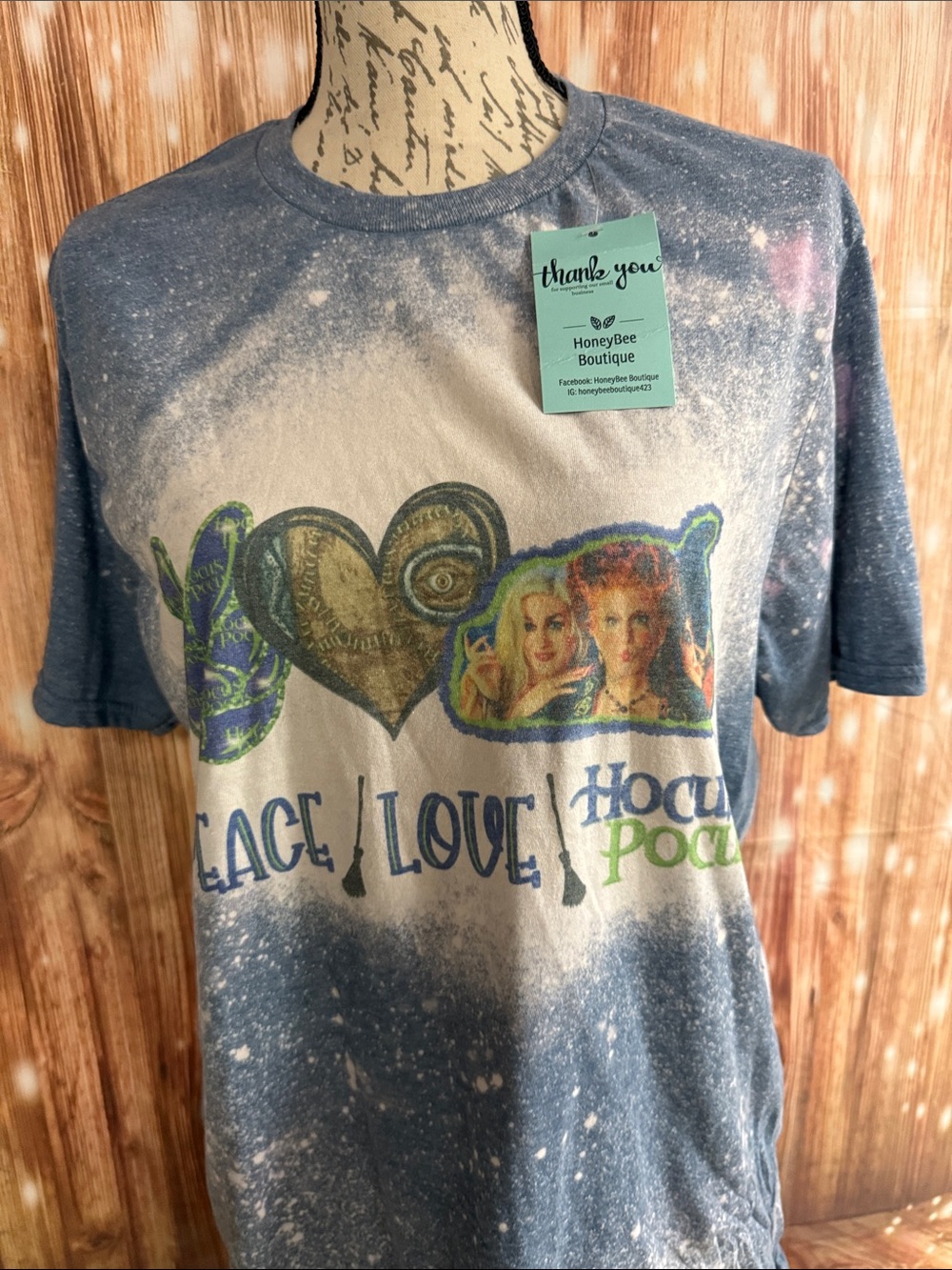 Bleached Blue and Cream 'Peace, Love, Hocus Pocus' Short Sleeve Graphic Tee